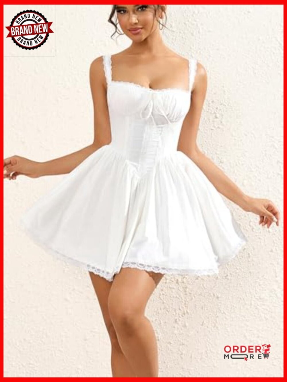 Floral Mini Dress Square Neck Tie Front Lace Ruched Backless Party - Picture 4 of 7